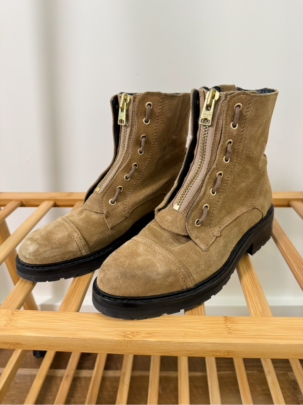 AllSaints Tan Suede Front-Zip Combat Boots